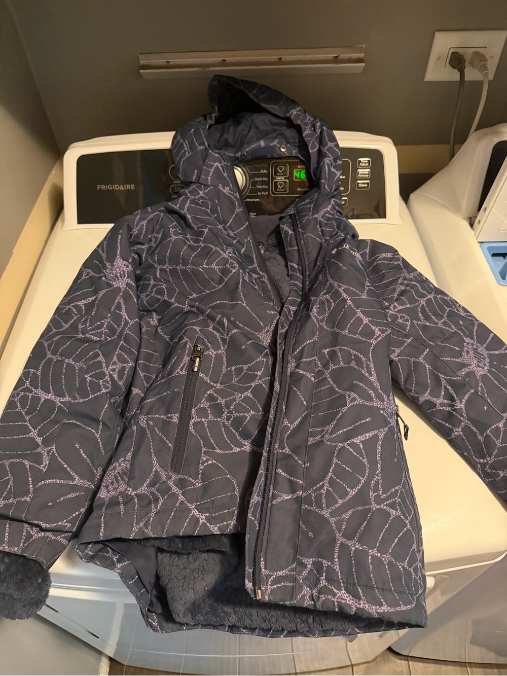 Columbia Navy Blue Hooded Puffer Jacket with Lavender Leaf Print